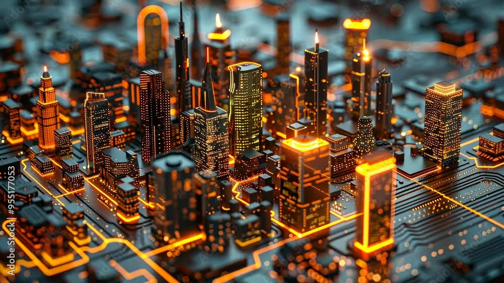 Aufkleber exploring a futuristic cityscape with glowing circuits and advanced technology elements