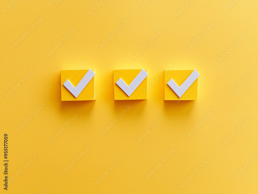 Poster three checkmark boxes on vibrant yellow background symbolize completion and positivity.