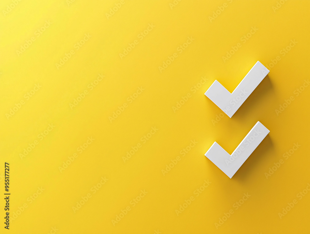 Poster white checkmarks on vibrant yellow background symbolize success and completion, creating cheerful an