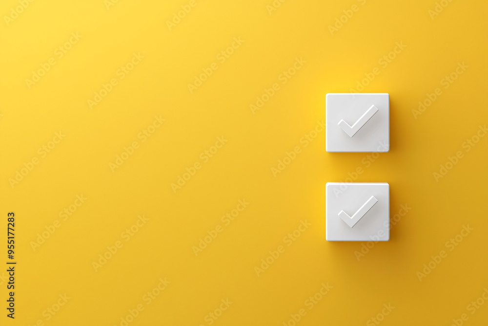 Poster white checkmarks on square buttons against vibrant yellow background create cheerful and positive at