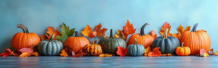 Rustic Pumpkin Display on Wooden Table with Autumn Leaves