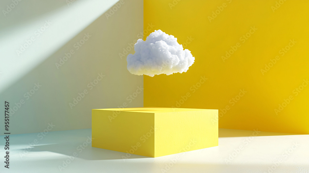 Poster a minimalistic scene featuring floating cloud above yellow cube in bright, colorful environment. des