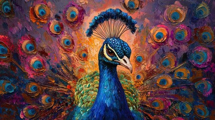 Obraz premium Vibrant portrait of a vibrant-hued peacock, its shimmering, iridescent feathers captivating the viewer's gaze