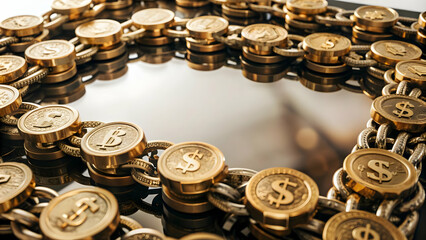 3D Blockchain Nodes and Coin Symbols Frame: A Modern High-Tech Financial Design with Copy Space, Ideal for Financial Technology Content.