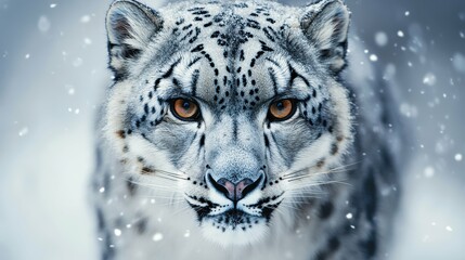 Fototapeta premium Breathtaking portrait of a regal snow leopard, its spotted coat and intense eyes radiating an aura of elusive, untamed grace