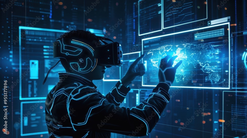 Aufkleber futuristic virtual reality interface with a person interacting with digital screens. concept of adva