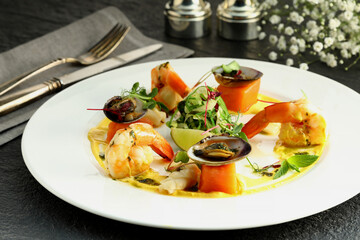 Elegant shrimp platter featuring succulent, grilled prawns served with a variety of gourmet sauces. Accompanied by fresh garnishes and a touch of lemon, creating a luxurious seafood experience.