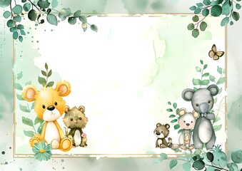Fototapeta premium Watercolor animal illustration with green leaves and a blank space for text. Template for quotes, and greetings cards