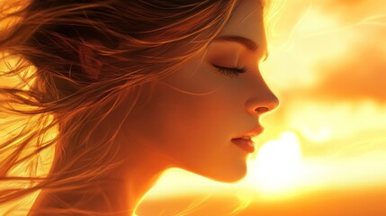 A portrait of a woman with elegant features and a soft, peaceful expression, with her hair gently flowing in the breeze, set against a sunset background.