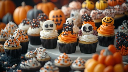 Assortment of Halloween-themed cupcakes, cookies, and other treats, their decorations evoking a playful, whimsical mood