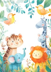 Naklejka premium Cute watercolor animal illustrations with a blank space for text. Template for quotes, and greetings cards