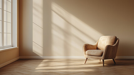 Modern wooden living room interior, beige armchair on empty wall background.