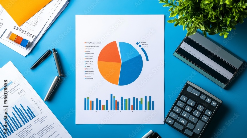 Poster a printed report with a pie chart on a desk, surrounded by documents and office supplies, illustrati