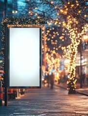 Blank white mock up vertical billboard street poster on a Christmas illumination city background : Generative AI