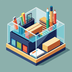 illustration of a modern desk organizer with multiple compartments. The organizer is made of clear acrylic or wood and has sections for pens