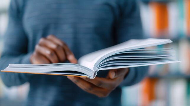 Educator Engaged in Curriculum Planning, a close-up view of an educator's hand thoughtfully turning pages of a curriculum guide, reflecting dedication to teaching and learning.
