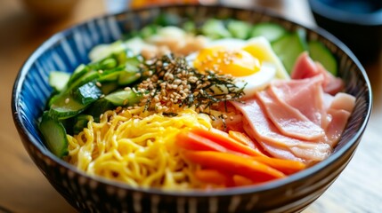 A refreshing bowl of hiyashi chuka, chilled ramen noodles topped with colorful vegetables, slices of ham, egg, and a tangy sesame dressing.