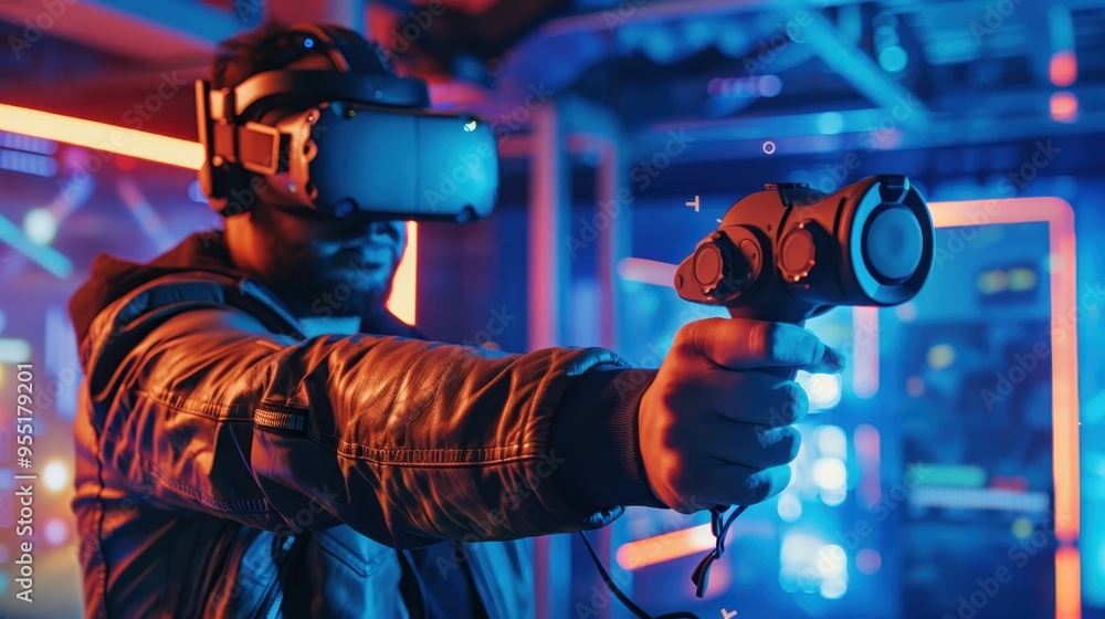 Poster man wearing virtual reality headset and holding controller in futuristic neon-lit environment, demon