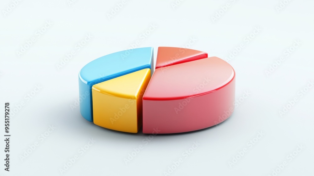 Poster a rotating 3d pie chart with distinct segments and vibrant colors, displayed against a clean white b
