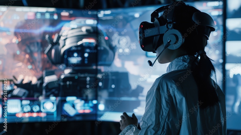 Poster person using virtual reality headset with futuristic display, exploring immersive technology and adv