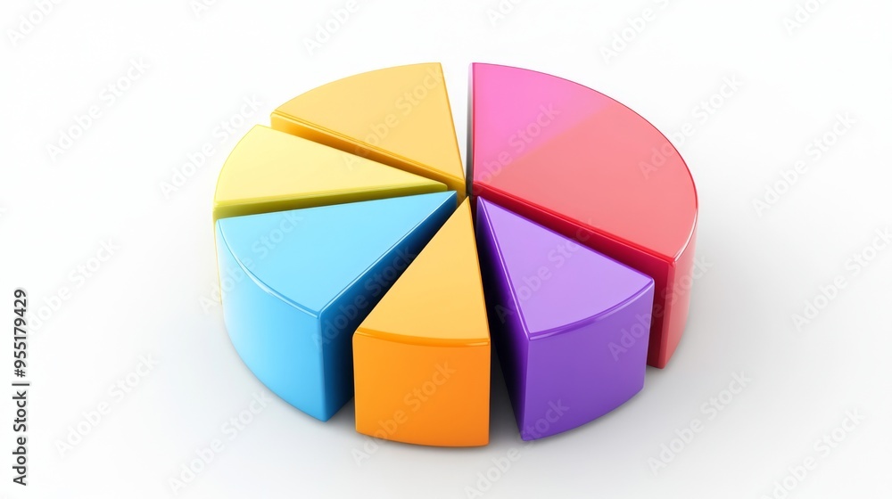 Poster a rotating 3d pie chart with distinct segments and vibrant colors, displayed against a clean white b