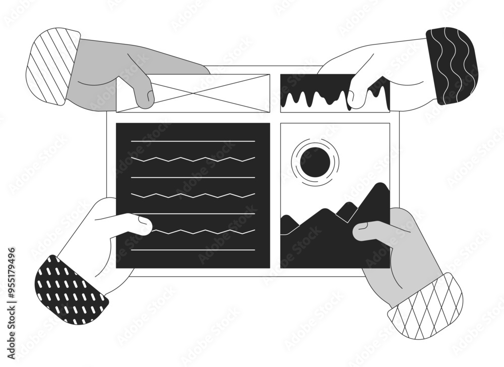 Poster hands applying elements onto webpage outline illustration. creating app through graphical user inter