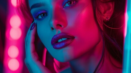 Fototapeta premium Close-up beauty portrait of a woman with neon makeup.