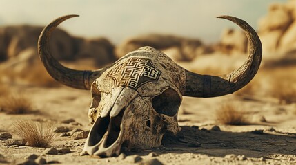 Obraz premium Engraved bull skull in desert landscape. Ancient and mystical concept.