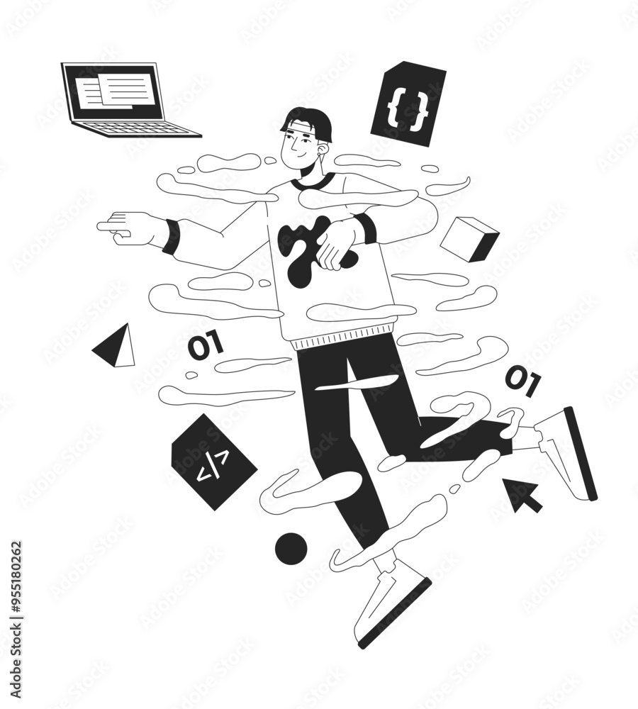 Poster asian man web developer in coding whirlpool black and white 2d illustration concept. programmer with