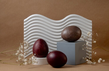 Easter Egg Display with Geometric Shapes and natural Background