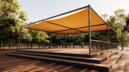 Fototapeta premium Modular performance stage featuring a sturdy metal railing perimeter, designed with a collapsible tent for versatile shade and weather protection during events.