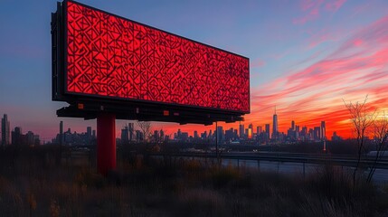 Red digital billboard against a sunset cityscape.