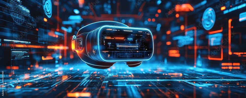 Poster futuristic virtual reality headset in a digital world with neon lights and high-tech interface, repr