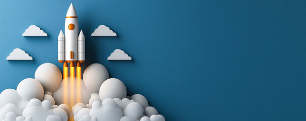 A Rocket Launching Amidst Playful White Clouds