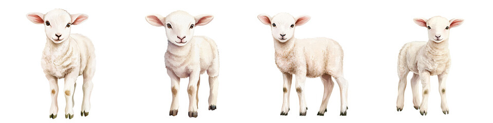 Fototapeta premium Collection of playful lambs standing together, showcasing their fluffy wool and curious expressions in a cheerful setting.