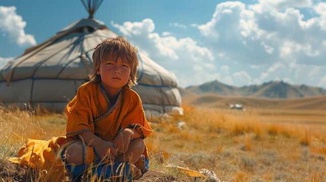little Mongolian boy in the steppes of Mongolia outside the yur