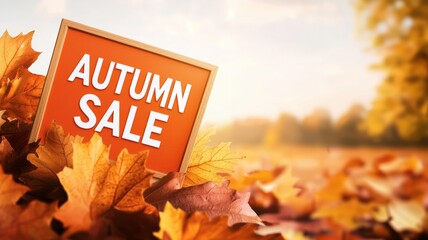 Vibrant autumn landscape featuring colorful leaves and a sign advertising an autumn sale in a serene outdoor setting.