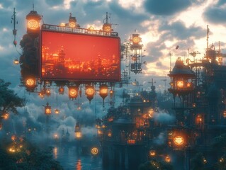 Obraz premium Craft a whimsical scene with a red billboard in a fantasy city floating amidst magical elements and glowing symbols