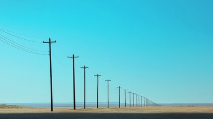 A row of electric poles with wires stretching into the distance, silhouetted against a clear blue sky, symbolizing connectivity and infrastructure.