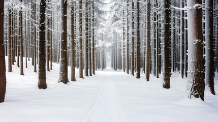 Snowy Forest Path, a serene winter landscape featuring a tranquil path winding through a snow-covered forest, perfect for heartfelt postcard messages, enchanting and peaceful