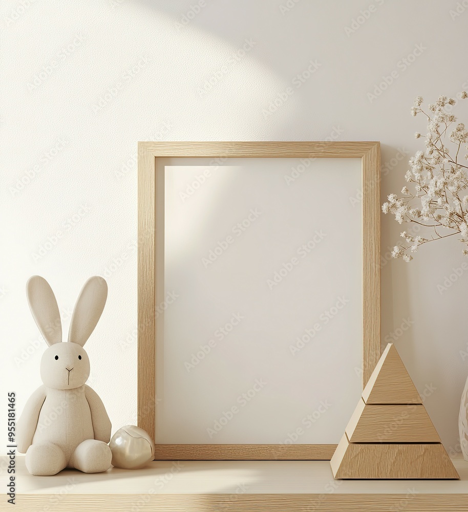 Wall mural wooden frame, plush bunny, and geometric wooden shapes on a shelf