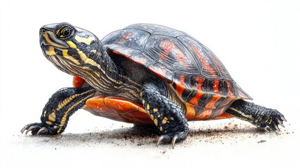 Obraz premium Illustrative clipart of a painted turtle with a focus on its red