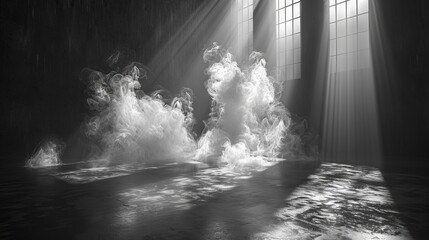 Obraz premium A black and white photo of a room with a lot of smoke