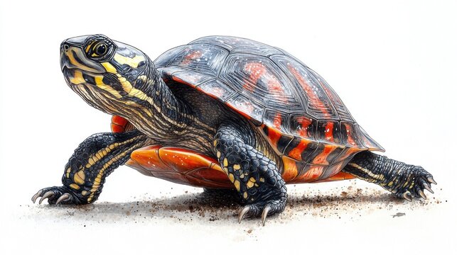 Illustrative clipart of a painted turtle with a focus on its red