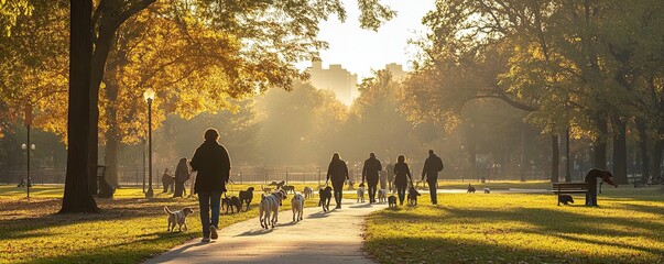 City park with people walking dogs, Monday morning, active and social