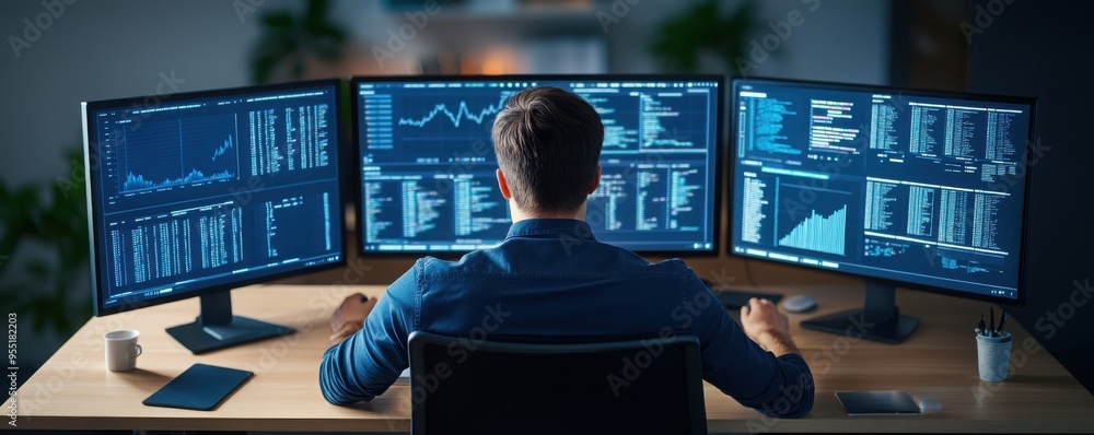 Poster a data analyst working with multiple monitors to analyze trends, statistics, and charts in a modern 