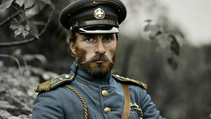 Civil war soldier portrait showing detailed expression and uniform, 1860s America