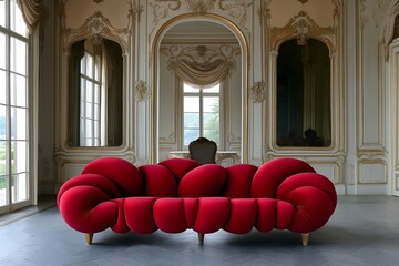 Photography backdrop, unusual contemporary red bubble sofa in luxury chateau manor house living room.