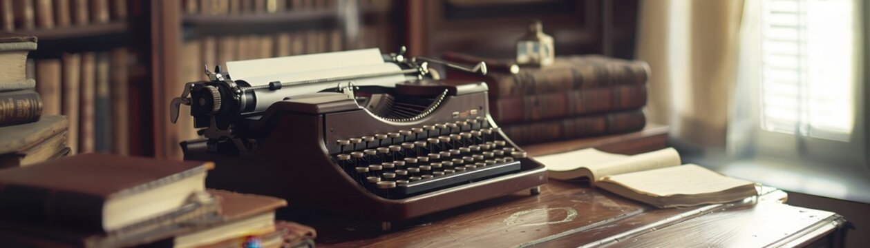 Vintage typewriter on a wooden desk surrounded by books, capturing the essence of classic literary work and antique office equipment.