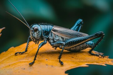 Fototapeta premium Macro Photograph of a Black and Gray Cricket on a Yellow Leaf